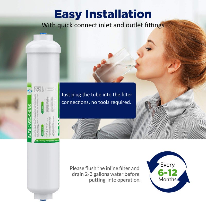 Membrane Solutions T33 Inline Water Filter, 2-Pack 1/4" Quick-Connect Replacement Cartridges for Refrigerator & Ice Maker, Post-Carbon Filter for Reverse Osmosis Systems, Push-to-Connect - Image 5